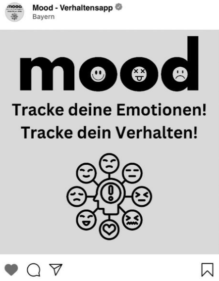 Plakat mit Schriftzug 'mood', Slogan "Tracke deine Emotionen! Tracke dein Verhalten!" und Emoticon-Netzwerk.